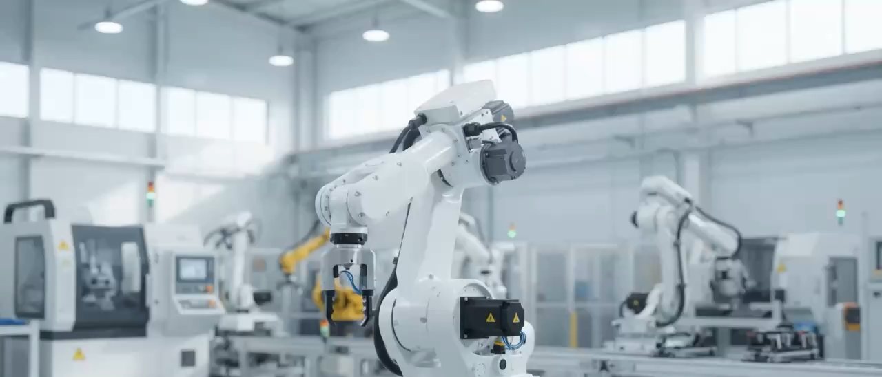 A white articulated robot arm with a servo motor at its joint, in a bright factory.